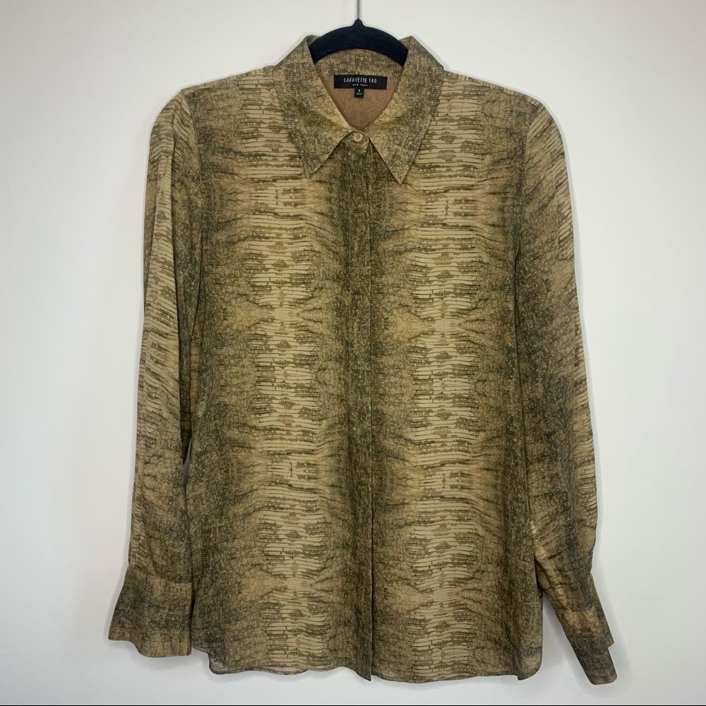 Lafayette 148 Brown Silk Blend Julianne Python Print Shirt Button-down Top